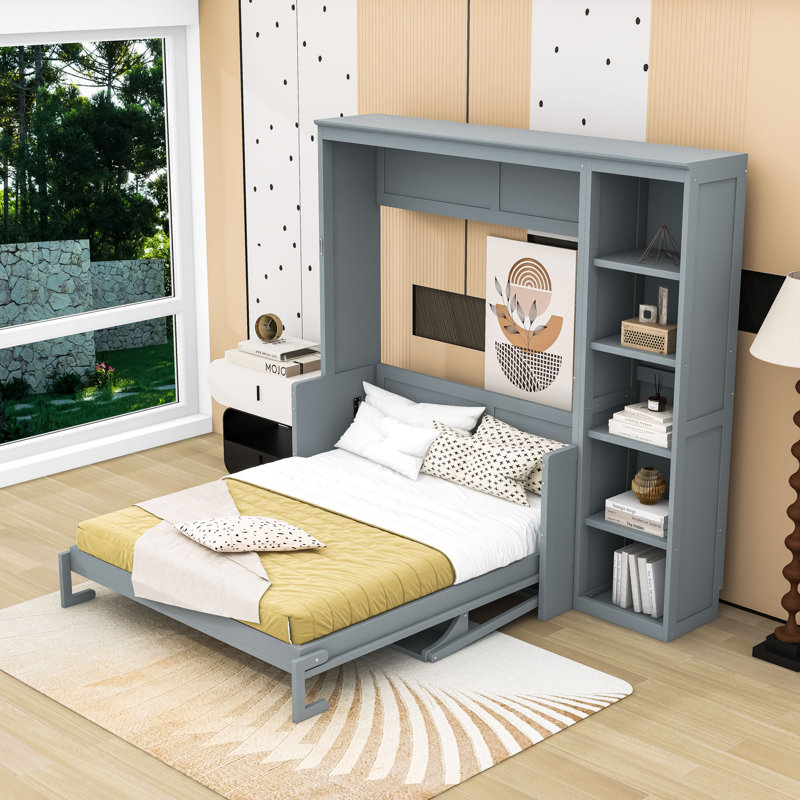 Lit escamotable en bois avec bureau et tablettes, conception pliable, Gris, Grand lit