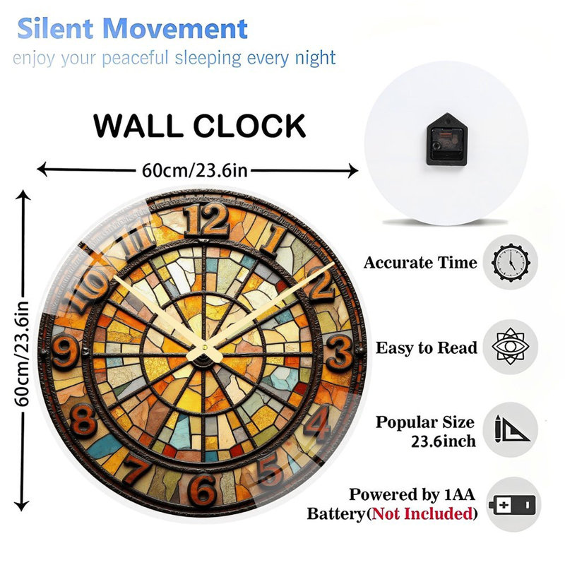 Horloge murale vitrail, horloge murale 24 po