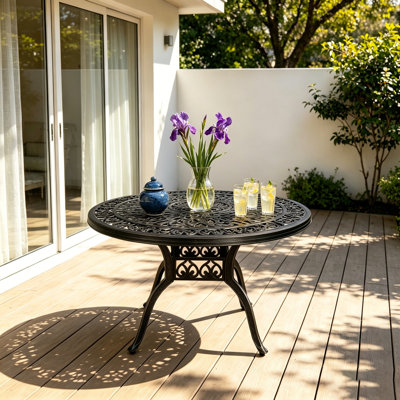 48" Patio Dining Table, Cast Aluminum Outdoor Dining Table, Round Outdoor Conversation Table with 2.36" Umbrella Hole