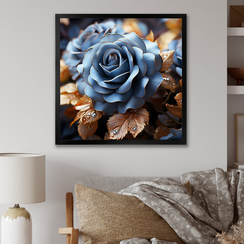 «Azure Blue Roses Arrangement Elegance III», reproduction sur toile, Cadre simple noir, H 36 po x l 36 po x P 1,5 po