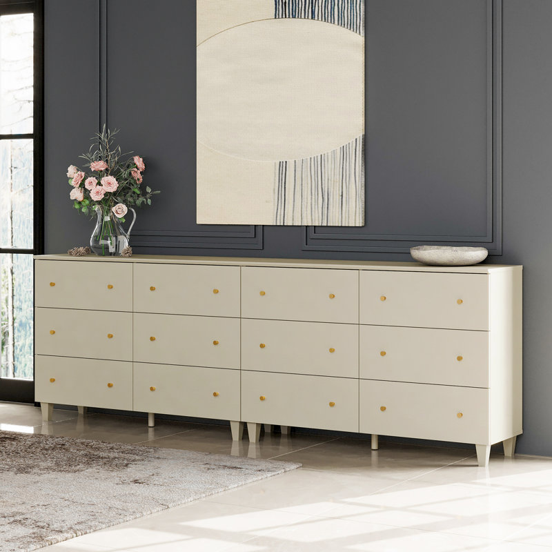 Lysiane Bedroom Dresser With 12 Drawers, Wood Wide Dresser Chests, Beige Gray