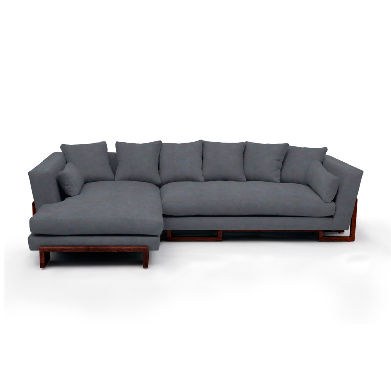 LRG Upholstered L-Shaped Sectional Left Hand Facing, Left and Back Side Trays, Solid Walnut, Slate Velvet