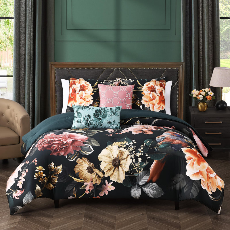 King Black Cotton Reversible Comforter Set with Floral Design