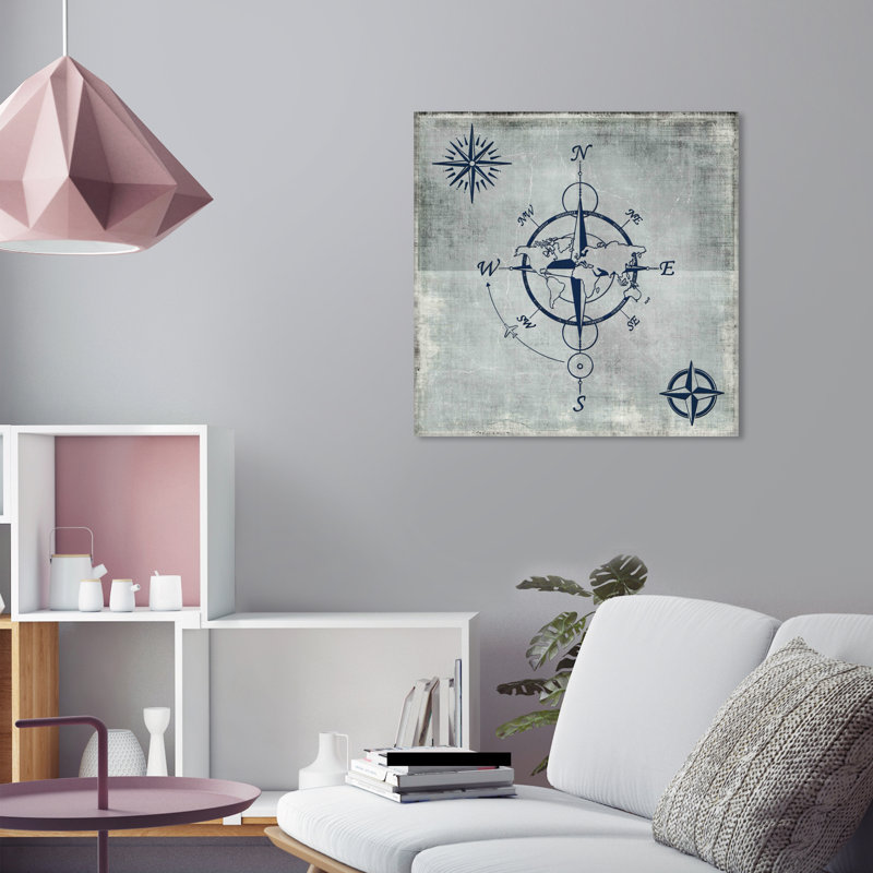 Boussole en bleu - Peinture sur toile, H 40 po x l 40 po, Toile tendue