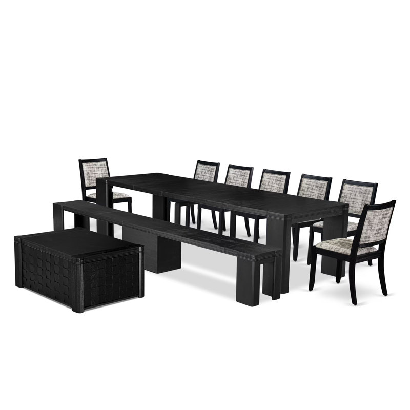 10-pc Dining Table Set a Dinner Table with a coffee Table and a Bench and 7 Wire Brushed Black Polyester Stackable Chair, Wire Brushed Black