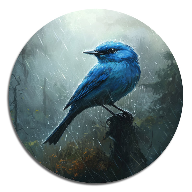 «Bluebird In The Forest Rain II», décoration murale ronde en métal, reproduction d'art moderne en métal bleu