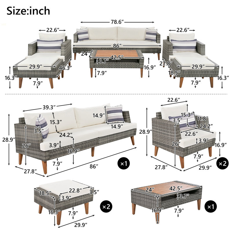 6-Pieces All Weather PE Wicker Sofa Set, Outdoor Rattan Sofa With Double Cushions, Wood Legs Wood Table Top