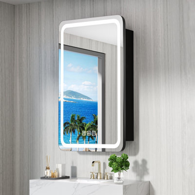 16 po X P 28 po H Pharmacie rectangulaire en fer avec miroir, lumières à intensité variable RVB, désembueur, prise et USB