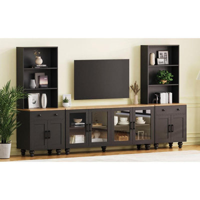 Farmhouse TV Stand With Solid Wood Gourd-Shaped Legs For Tvs Up To 70" Entertainment Center With Bookshelves And Tempered Glass Doors Media Console With Adjustable Shelves