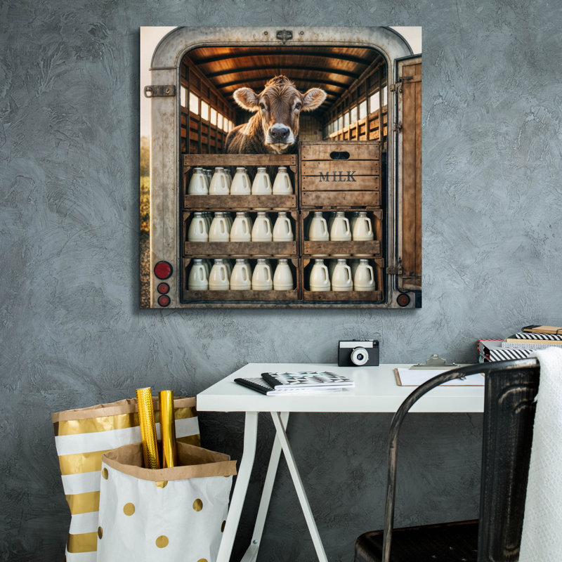  «Cow In Milk Van» par Rey Klimt, art mural sur toile, 26 po x 26 po