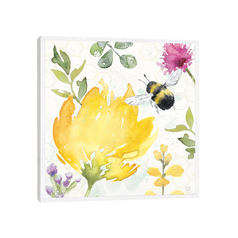 Bee Harmony II by Dina June - Painting on Canvas, 45.72cm H x 45.72cm W x 3.81cm D, White Framed
