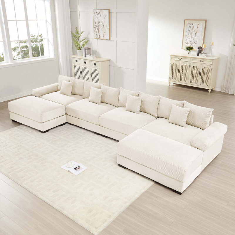 Canapé modulaire surdimensionné en velours côtelé 4 places avec accoudoirs extra-épais et 2 repose-pieds Premium, Cream