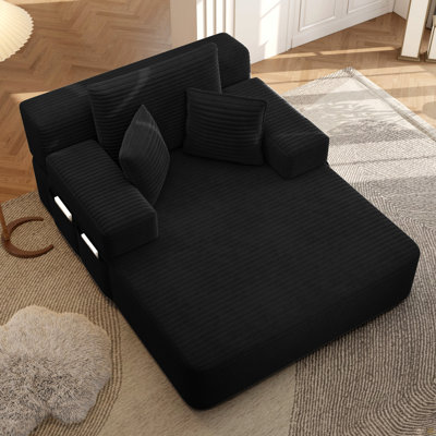 Luxueuse chaise longue en velours côtelé moelleux avec 3 coussins, canapé-lit convertible avec poche de rangement, conception sans cadre et mousse à compression pour les petits espaces, salon, appartement, noir