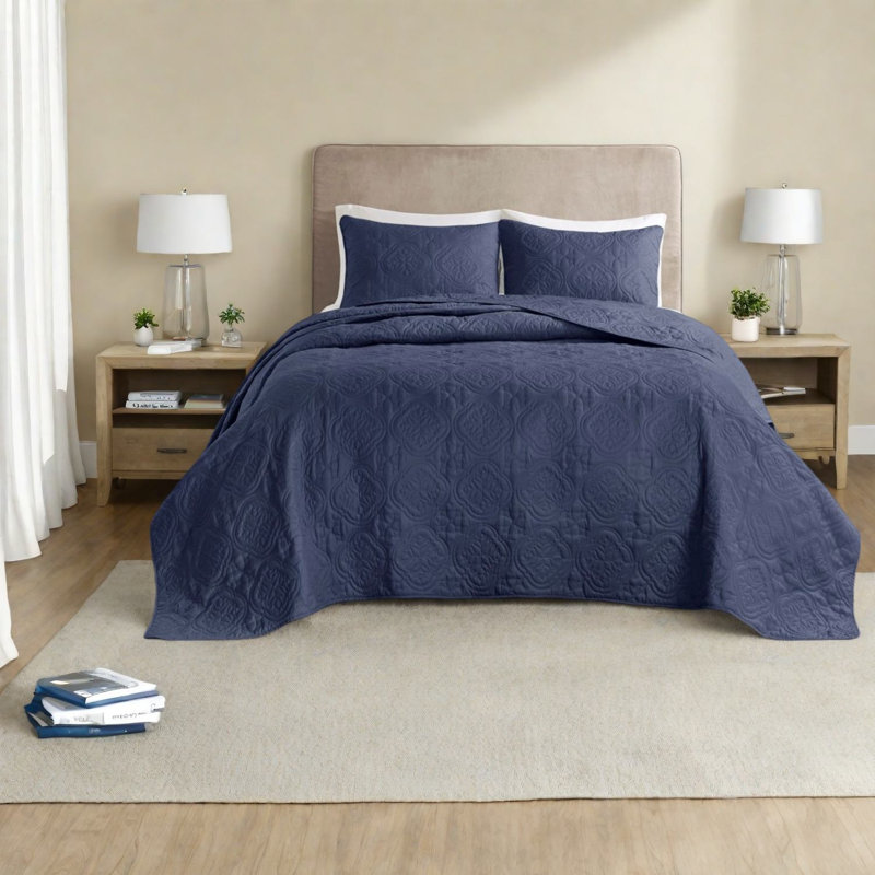Navy Reversible Bedding Sets, Polyester Comfort, Transitional Style For Home