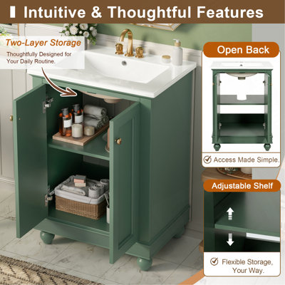 Meuble-lavabo moderne de 24 po de conception simple et élégante avec rangement à fermeture en douceur, tablette réglable, meuble-lavabo avec lavabo en céramique