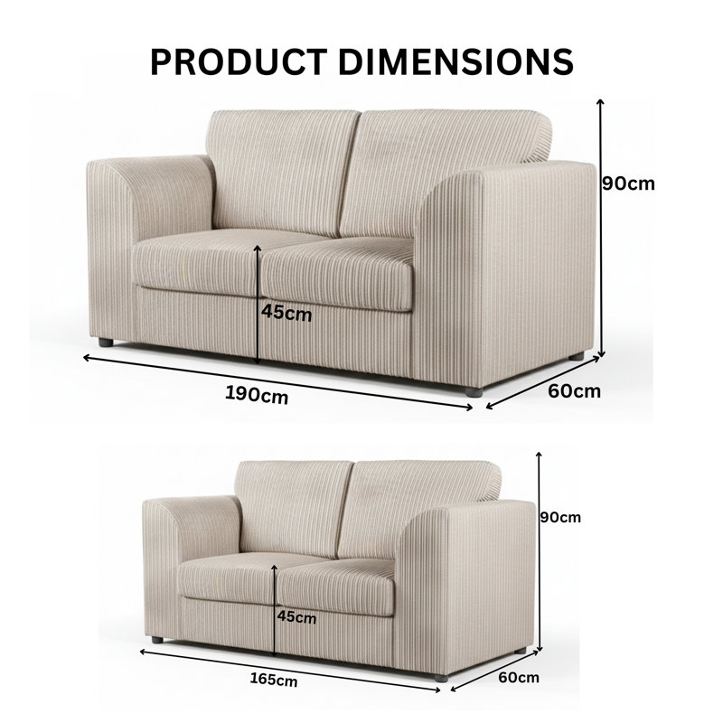 Jambo Cord 3 and 2 Seater High Back Cushion Sofa Set, Cream