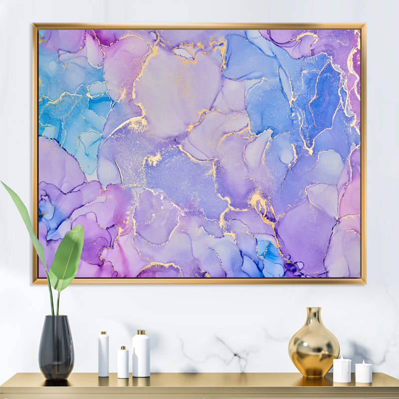 «Pink and Blue Ink Clouds IV», reproduction d'art sur toile moderne, H 16 po x l 32 po x P 1 po, Cadre photo doré