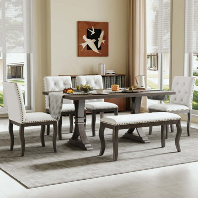 Ensemble de table de salle à manger 6 pièces avec banc, ensemble de table de salle à manger avec finition en chêne et 4 chaises capitonnées à boutons, garniture cloutée, pieds en bois courbés, mobilier de cuisine campagnard