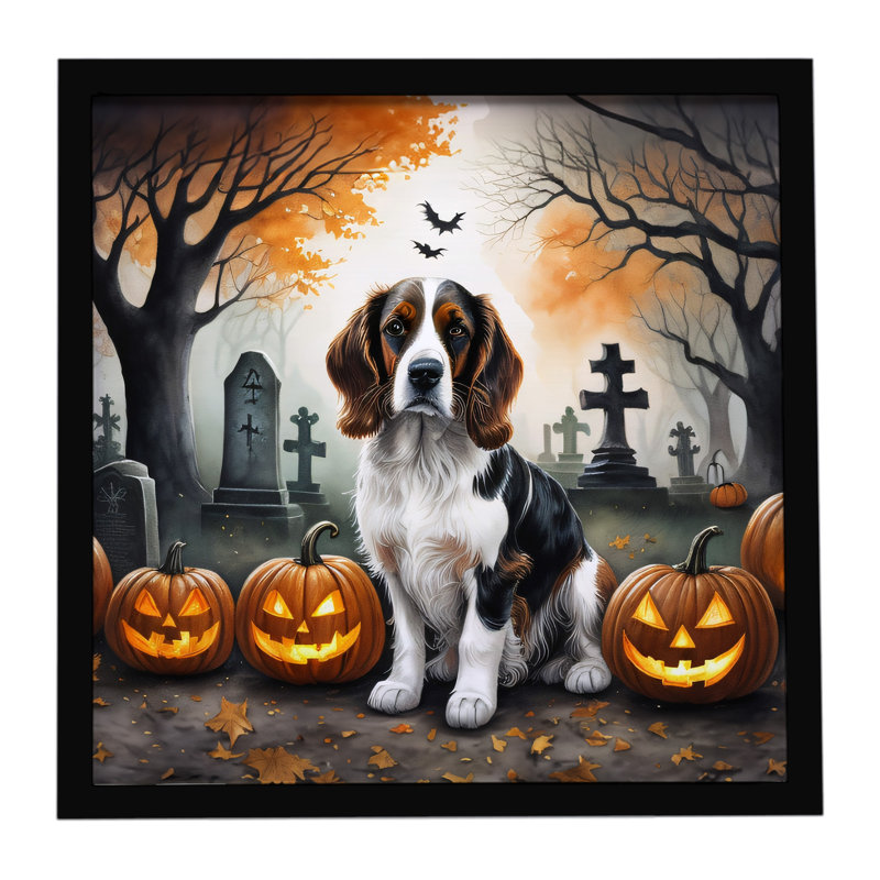 «Welsh Springer Spaniel Spooky Halloween», reproduction d'art encadrée
