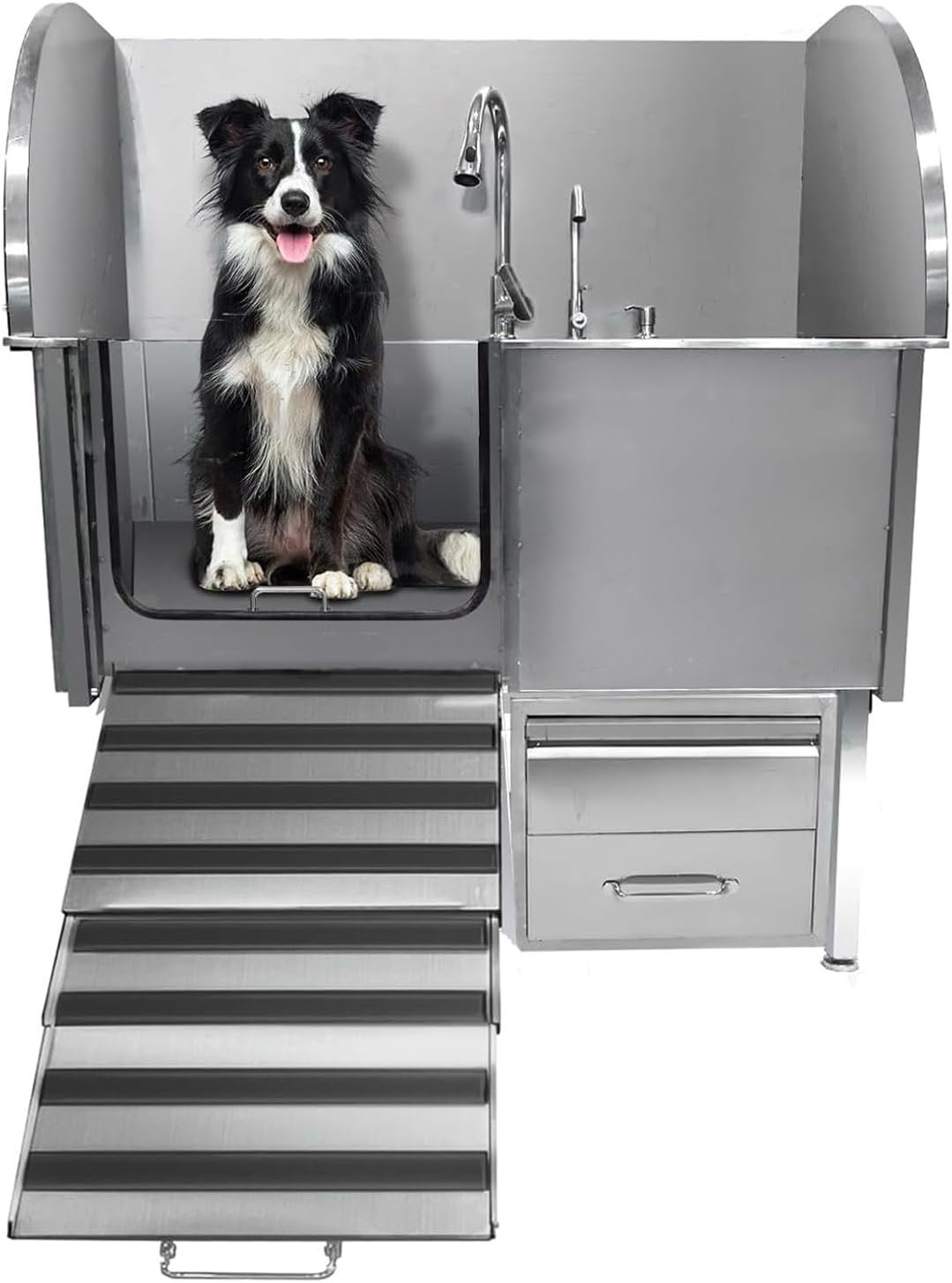 gaomon Professional Dog Washing Station, Stainless Steel Dog Grooming Tub  with Foldable Ramp, Storage Drawer, Floor Grate Faucet, Dog Bathtub for 