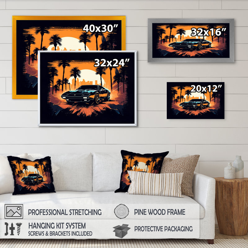 Lambo Fast Car Sunset - reproduction de cadre flottant sur toile, H 34 po x l 44 po x P 1,5 po, Noir