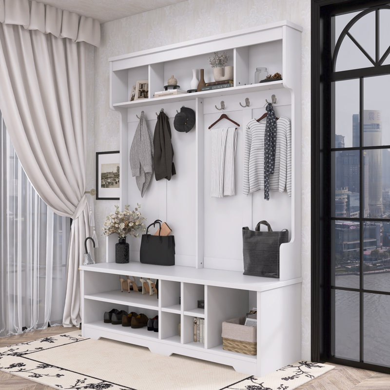 Modern Hall Tree With Metal Hooks & Shoe Storage Multifunctional Entryway Organizer, White