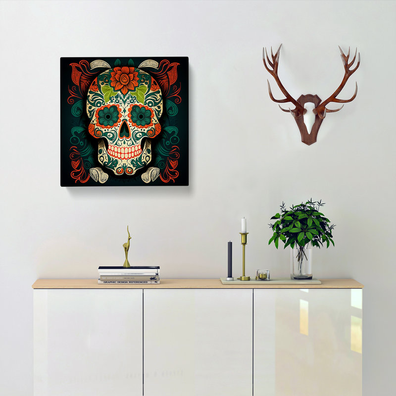 Sugar Skull Retro Art - Wrapped Canvas - Framed Print, 35cm H x 35cm W x 3cm D