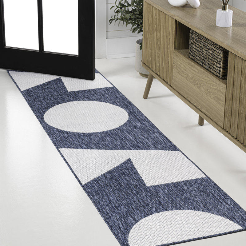 Orbie Modern Geometric Abstract Two-Tone Navy/Cream Indoor/Outdoor Rug, Runner 2' x 7'10"