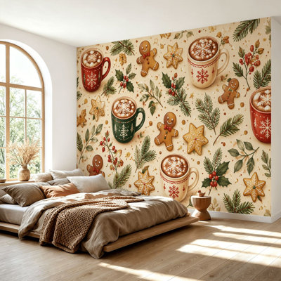 Wall Mural Peel and Stick Wallpaper Festive Christmas Hot Chocolate Cups Gingerbread Cookies Leaves winter Self-Adhesive Removable Contact Paper Wall Decor for Living Room Bedroom 69"H x 96"W