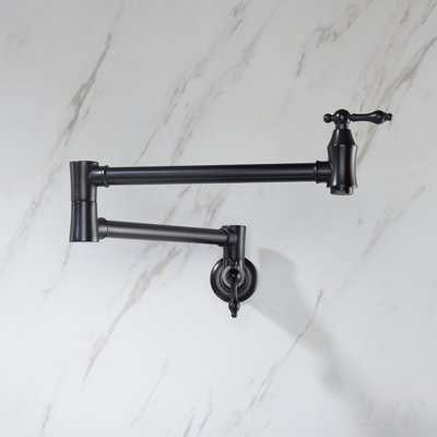 Wall Mount Folding Kitchen Pot Filler Faucet with Swivel Arm, Dual Handles, and Durable Brass Construction