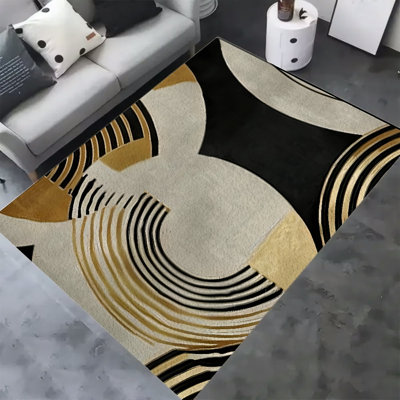 Tapis en velours doux et moelleux à rayures noires et dorées, motif géométrique circulaire, idéal pour le salon et la chambre. Antidérapant et lavable, il s'intègre parfaitement à une décoration intérieure minimaliste et élégante. Dimensions : 25 x 3,5 m (8,2 x 11,48 pi).