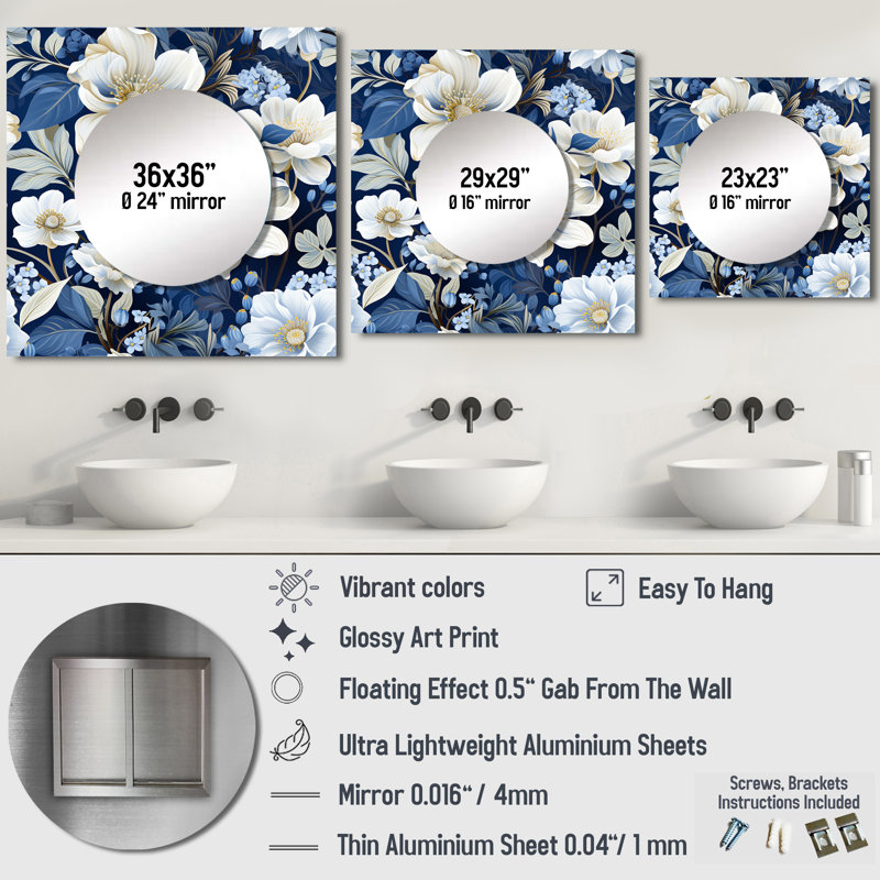 Icy Blue Snowy White Flowers Scenery - Art mural miroir floral carré pour la salle de bain, 23 po x 23 po