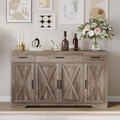Buffet contemporain de 55 po à 4 portes, 3 tiroirs et tablettes réglables - Rangement polyvalent pour la cuisine, la salle à manger, le salon et le café - gris