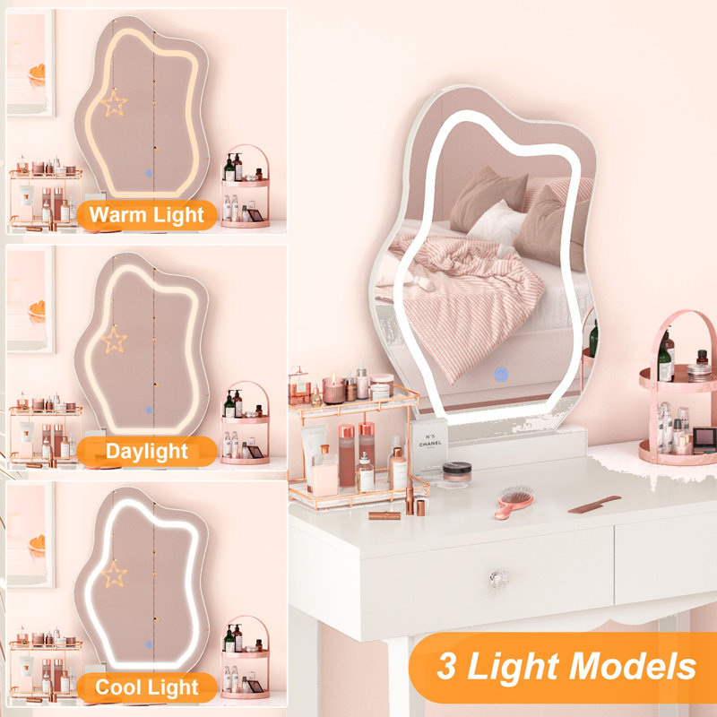 Bureau de coiffeuse avec miroir éclairé et 2 tiroirs, petite table de maquillage