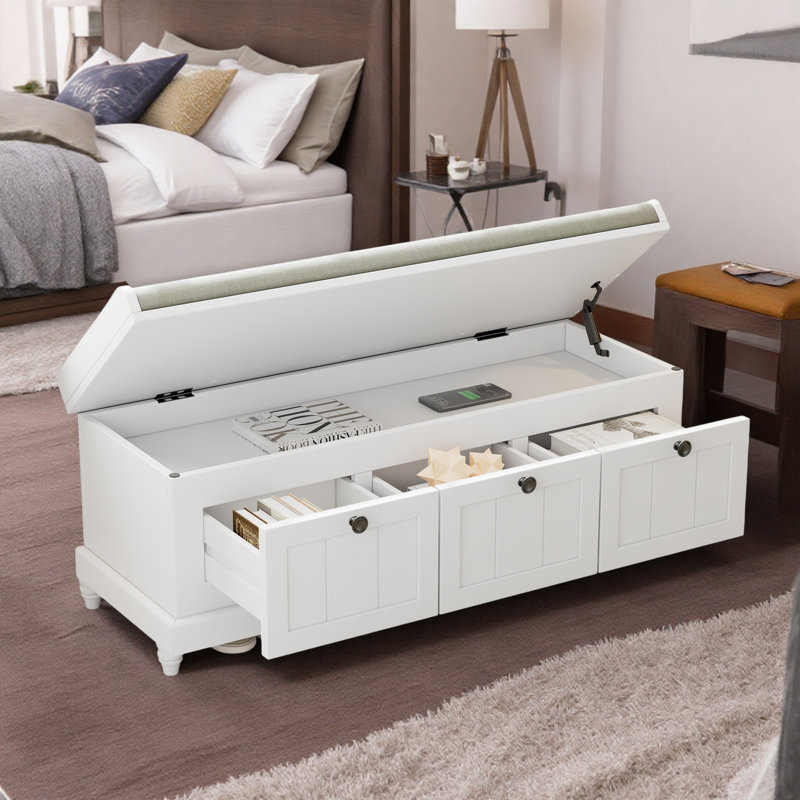 Upholstered Flip Top Storage Bench, White