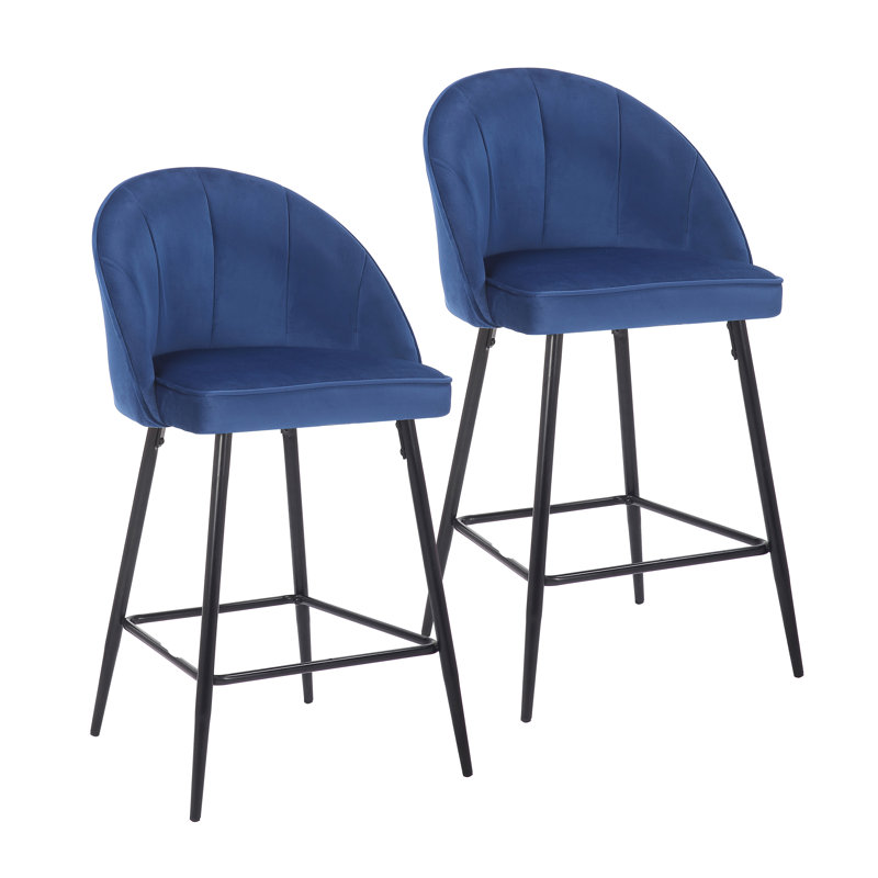 Upholstered Counter Stool with Metal Frame, Blue