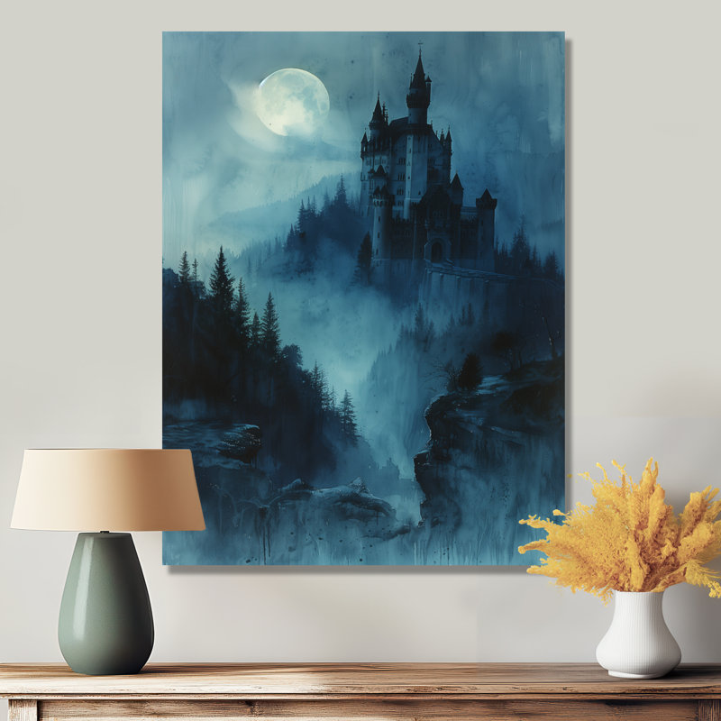 Art mural noir, château de vampire au clair de lune I - Châteaux, Cadre flottant blanc, H 40 po x l 30 po
