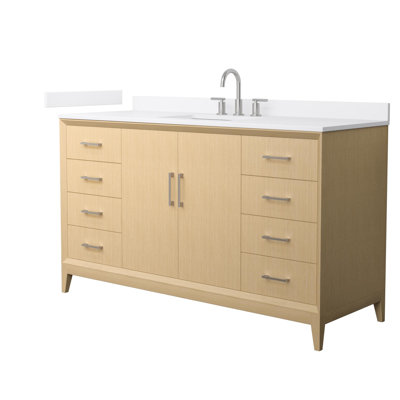 Janna 60 Inch Single Bathroom Vanity in White Oak, White Cultured Marble Countertop, Undermount Square Sink (3-Hole), Brushed Nickel Trim