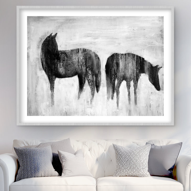 Horses Silhouettes in the Mist - Black Horse, reproduction encadrée