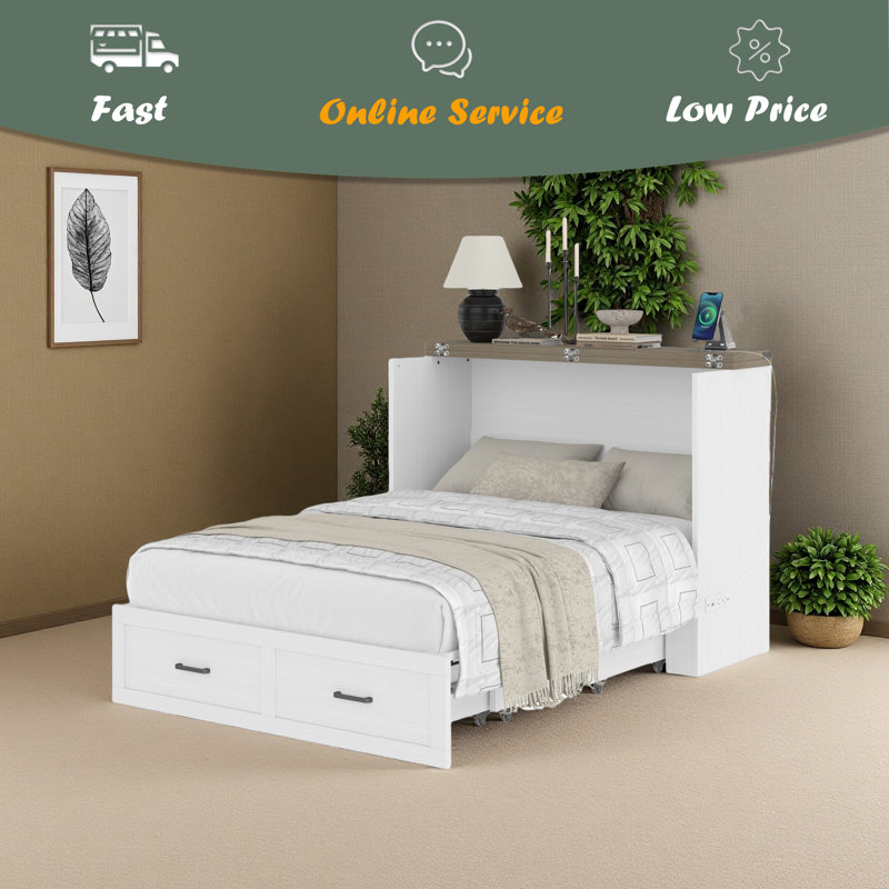 Armoire murale avec station de charge Murphy, Lit double, Blanc