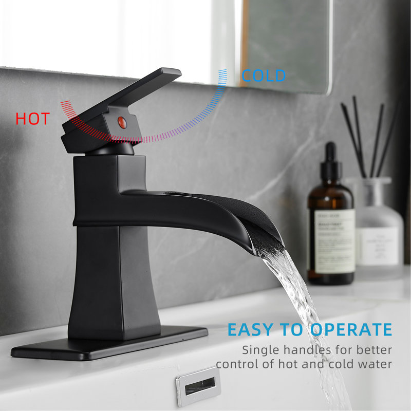 Modern Bathroom Basin Tap - Black Waterfall With Supply Lines, Pop Up Drain, Deck Mounted, One Handle, Matte Finish, Side Hole Sink Faucet Finish