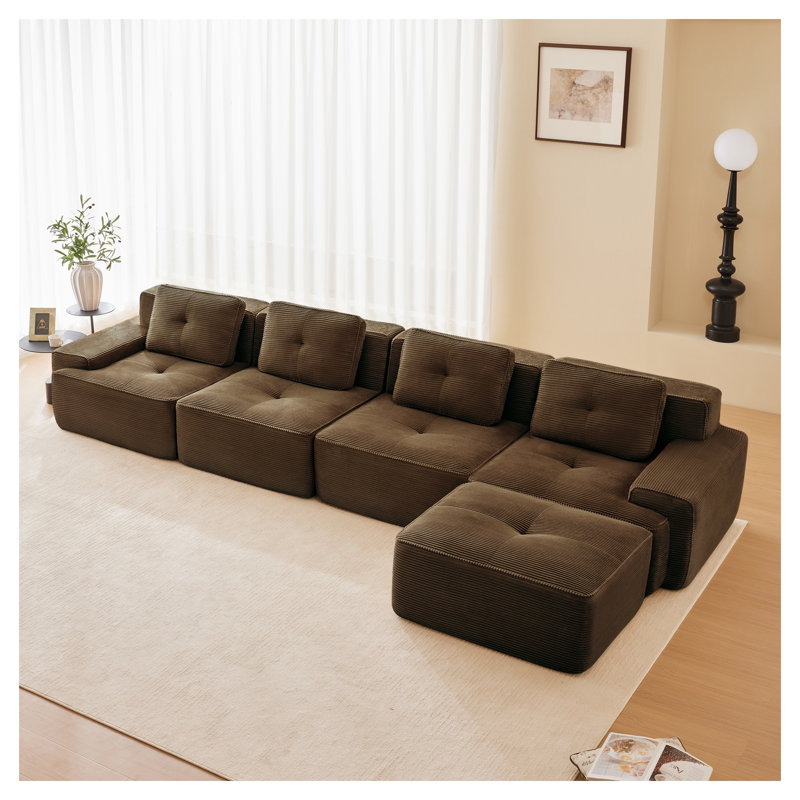 Canapé modulaire en forme de L de 153 po en velours côtelé brun avec repose-pieds mobile, siège profond à 4 places avec design capitonné et aucun assemblage requis pour le salon