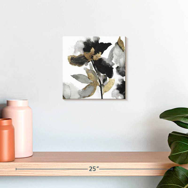 Pétales noirs et feuilles d'or II, H 10 po x l 10 po