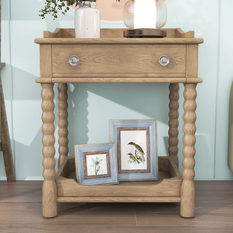 Table de chevet rétro avec tiroir et tablette pour la chambre à coucher, Naturel