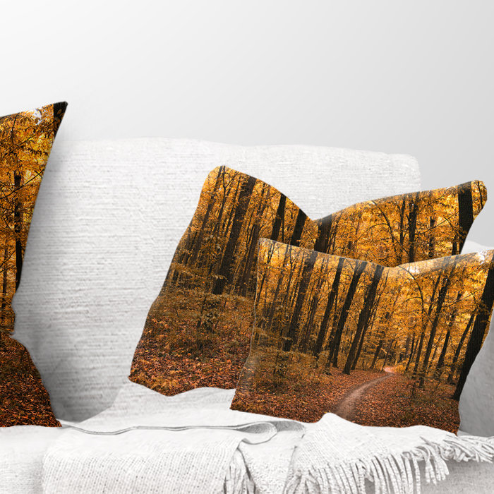 Path in the Yellow Fall Forest - Forest Printed Throw Pillow
