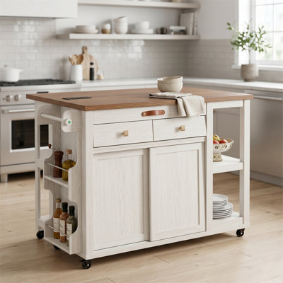 Îlot de cuisine avec prise de courant et roulettes, chariot à micro-ondes à roulettes blanc avec rangement semi-ouvert