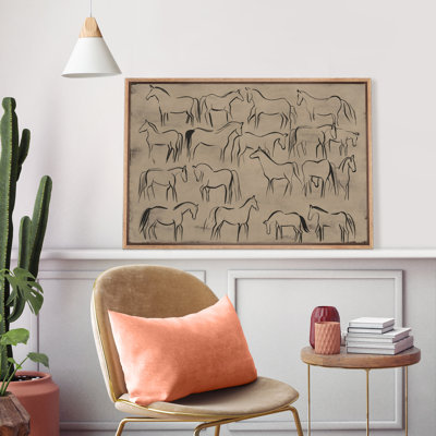 Troupeau de chevaux au galop, croquis rétro, art abstrait beige, décor neutre minimaliste, art mural moderne