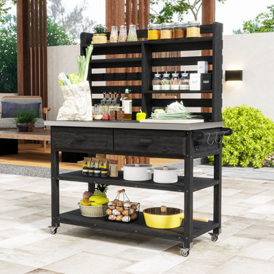 Fir Wood Outdoor Potting Bench with Stainless Steel Tabletop, Storage and Adjustable Top Rack