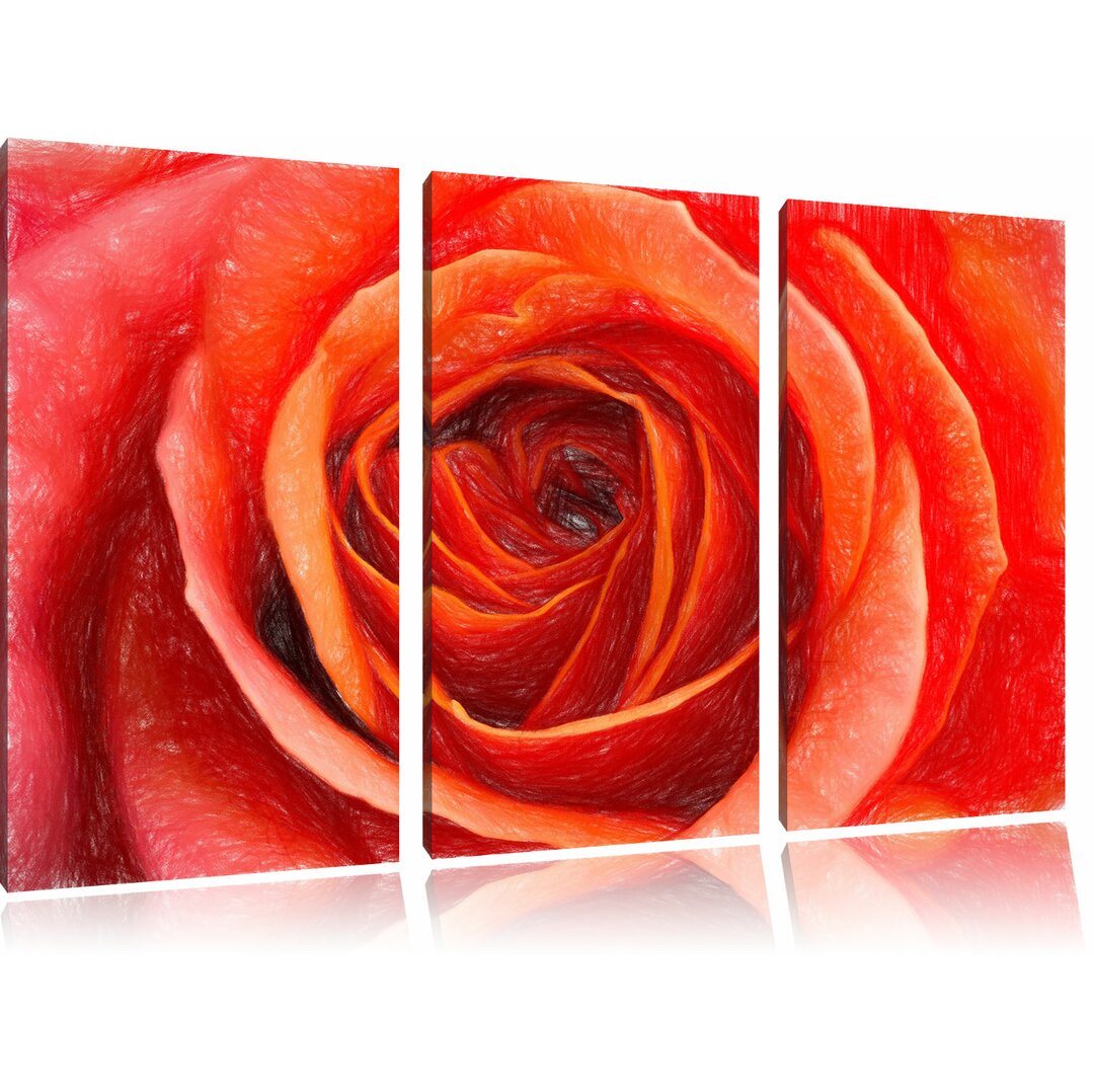 3-tlg. Leinwandbilder-Set „Detaillierte rote Rosenblüte“, Grafikdruck