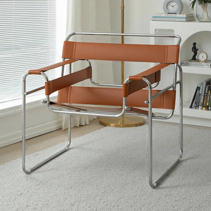 Danta Saddle Leather and Artificial Leather Accent Chair with Stainless Steel Frame, Amber Saddle Leather